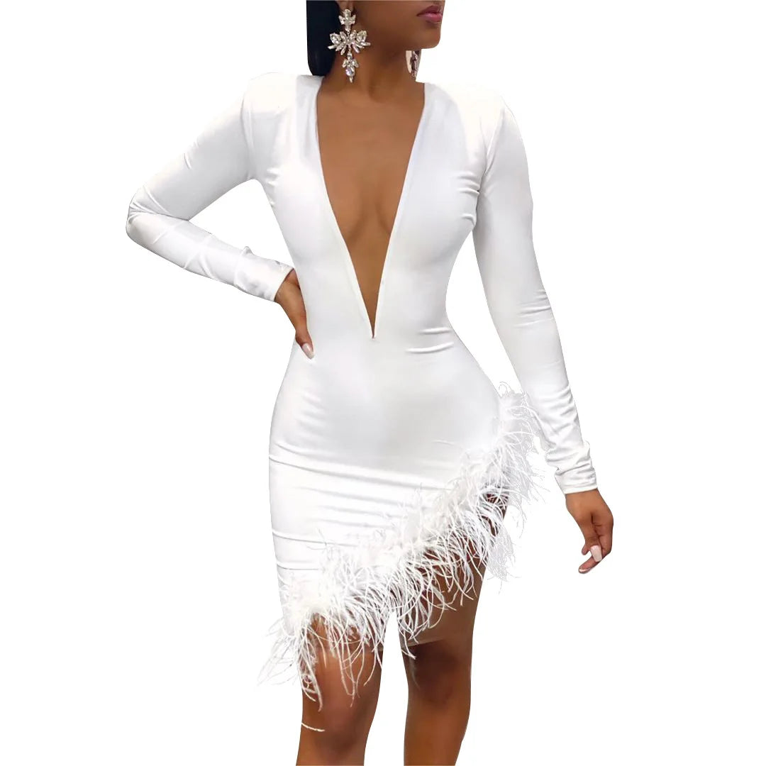 Short Dress V-neck Feather