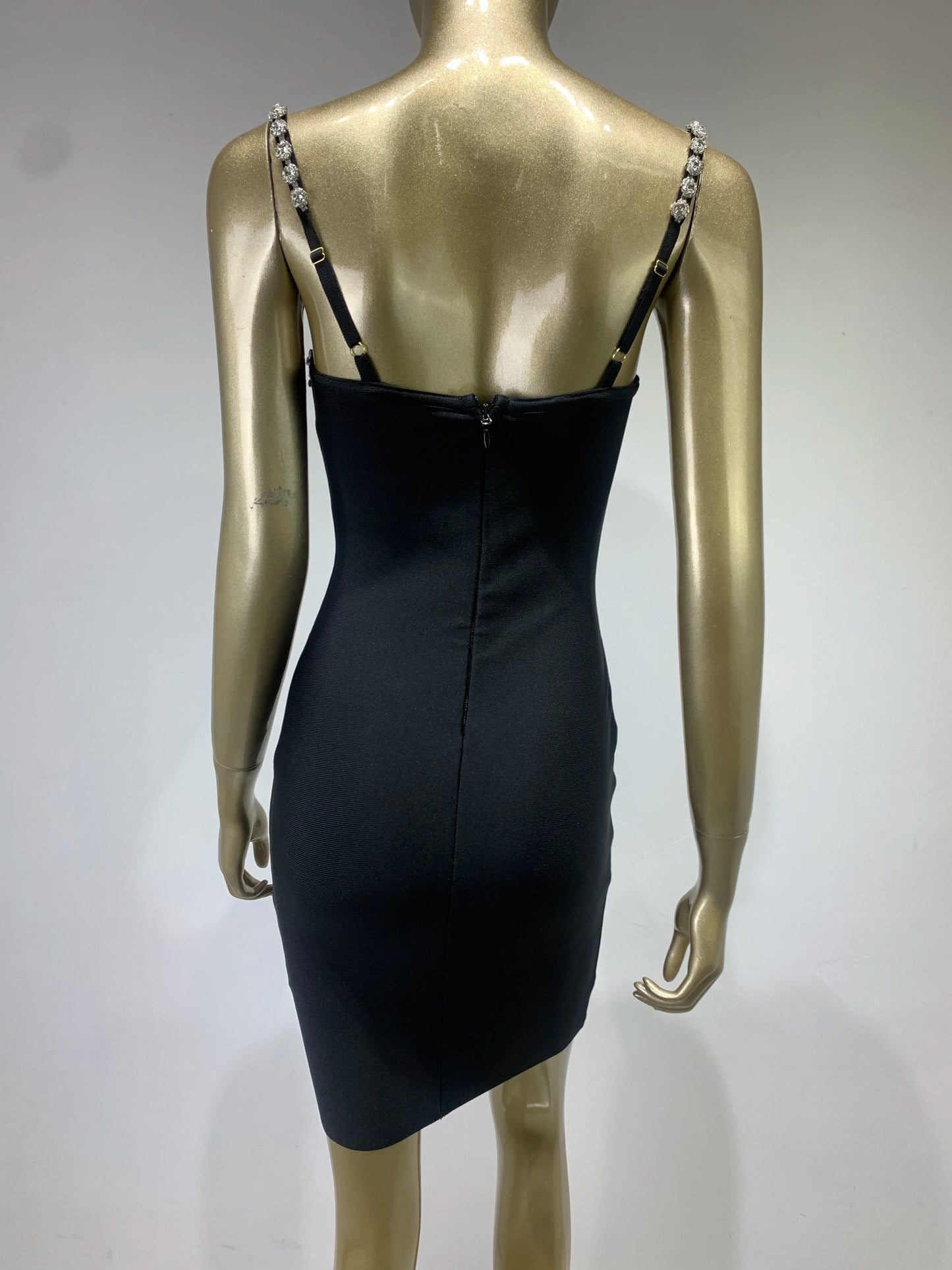 V Neck Beading Diamonds Black Mini Bodycon Dress