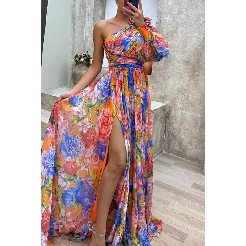 Slit Multicolor Sloping Shoulder Dress