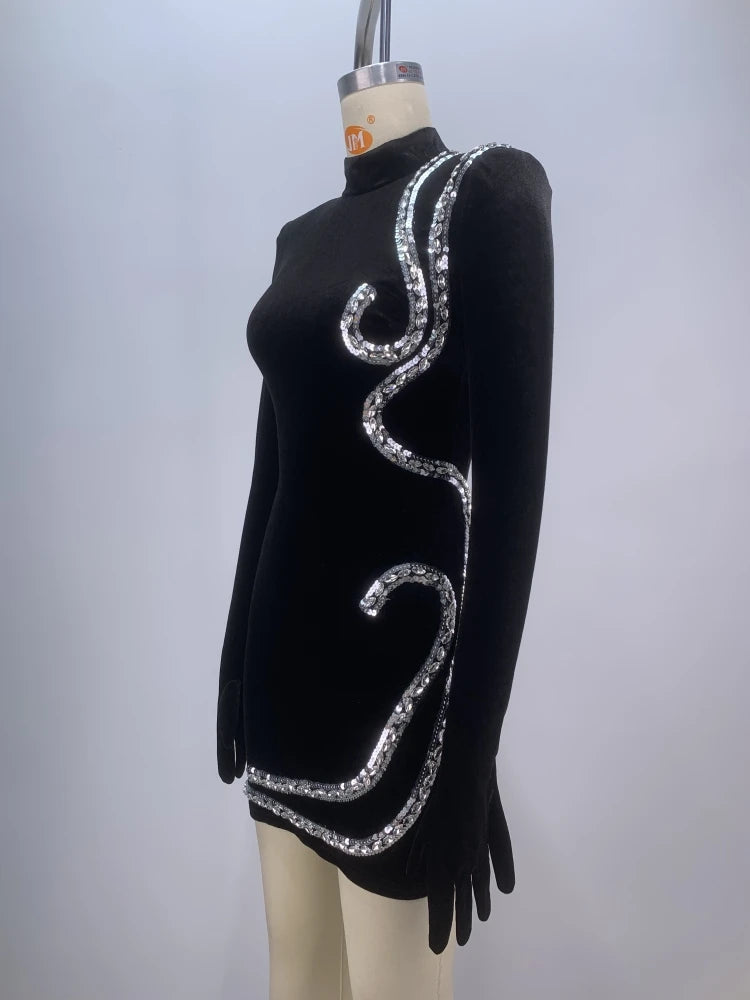 Long Sleeve Gloves Gloves Diamonds Mini Dress