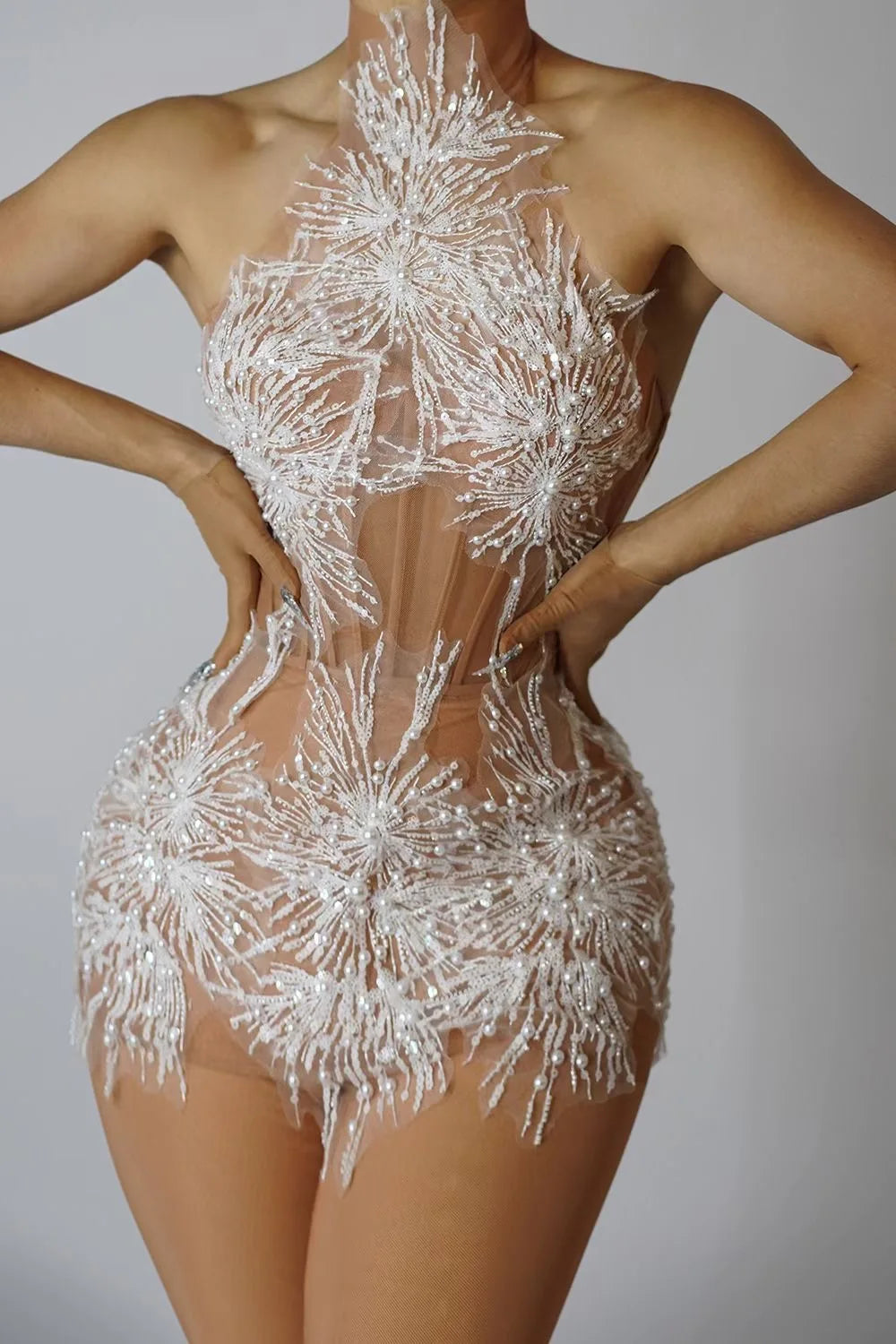 Sheer Transparent Pearl Sequin Dress