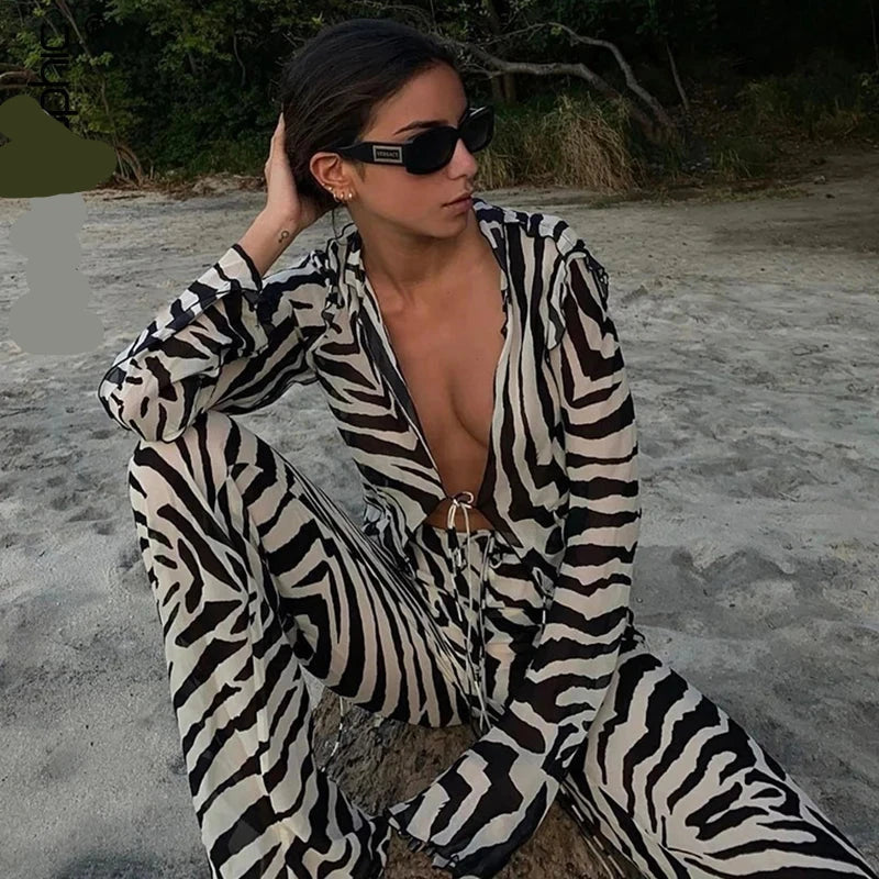 Animal Print Mesh Sheer Stripe Tie Front Detail Top Matching Sets