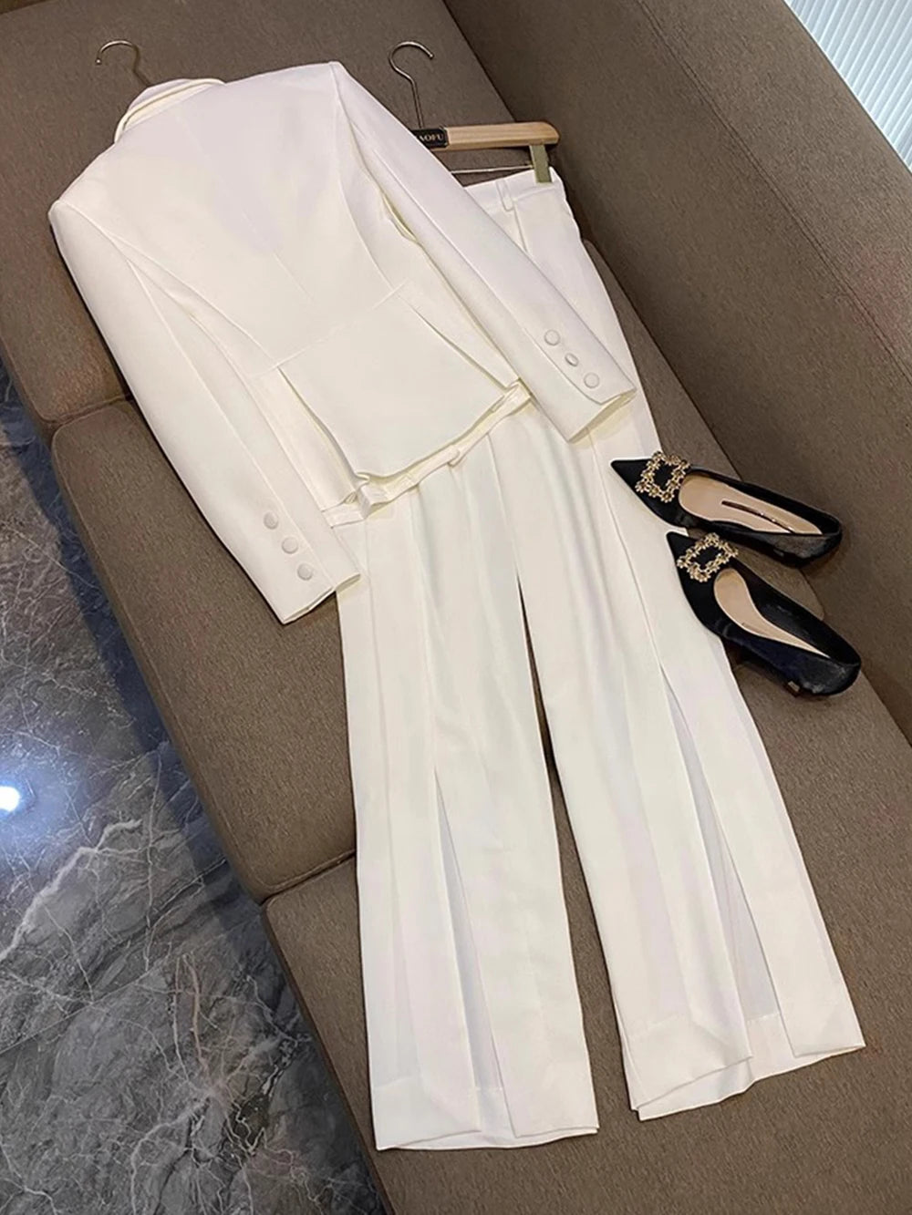 Slim One Button blazer+Split Pants 2-Piece Set