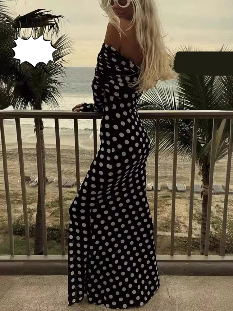 Long Elegant One Shoulder Wave Dot Slim Fit Sexy Long Dress