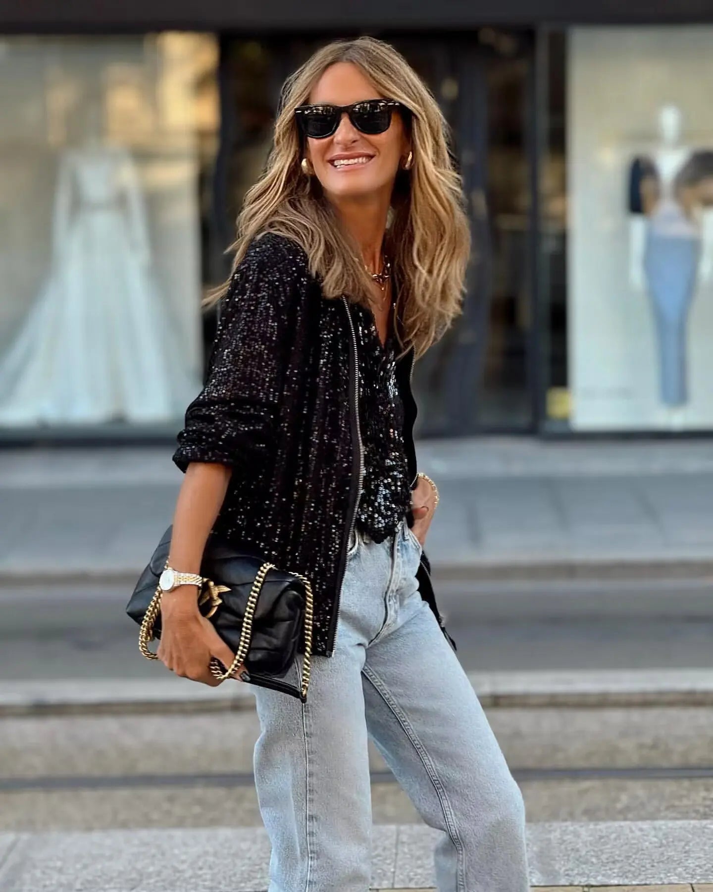 Elegant Sequin O Neck Jacket