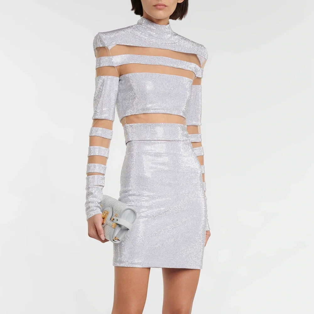 High Quality Striped Diamond Short Top+Short Skirt 2 Piece Set