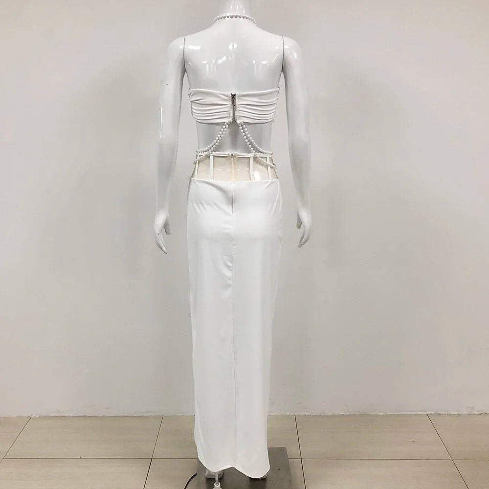 White Flower Sleeveless Off Shoulder Top And Skirt Sexy Two-piece