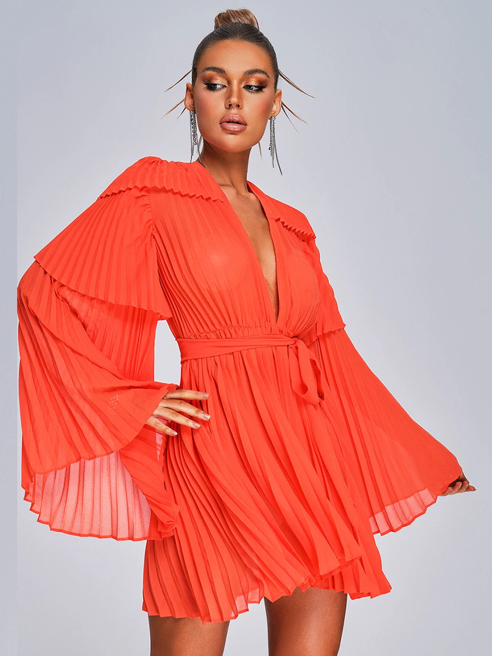 New Flare Long Sleeve Bright Pleated