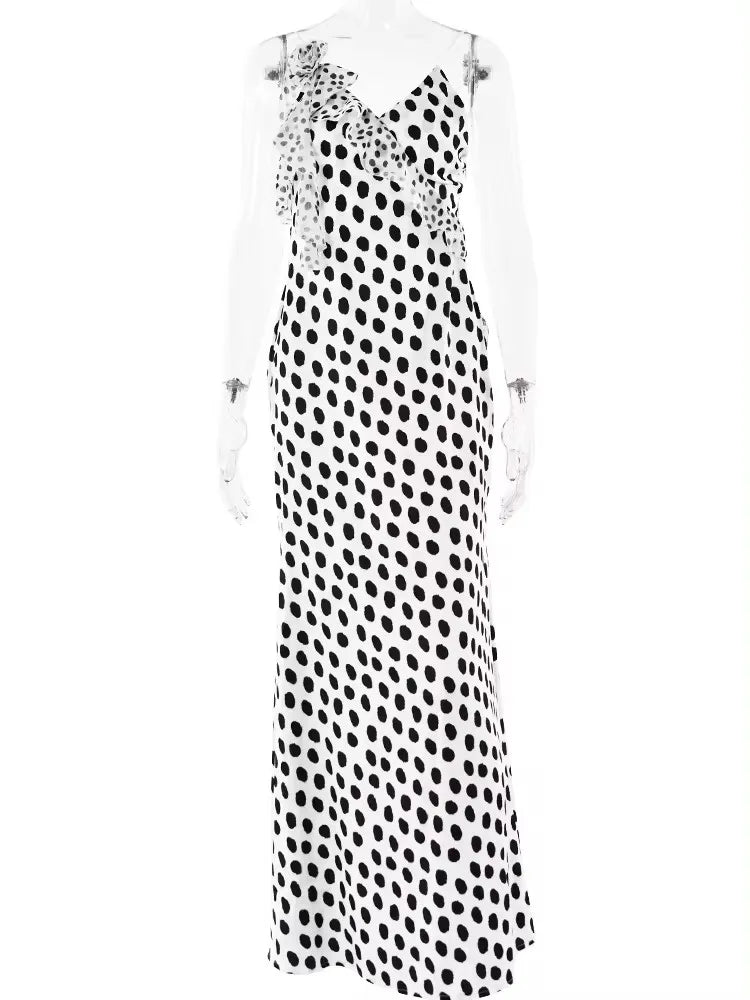 Backless Print Dots Flower Women Maxi Dress