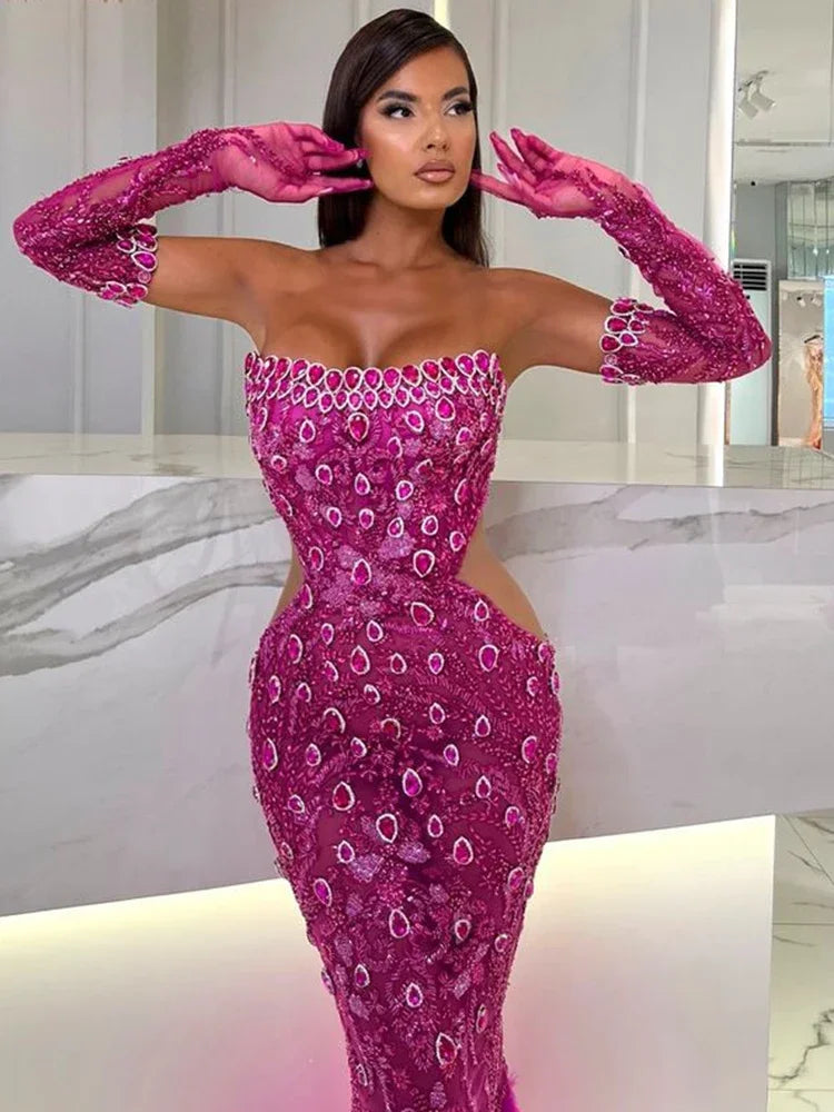 New Hot Pink Feathers Evening Dresses