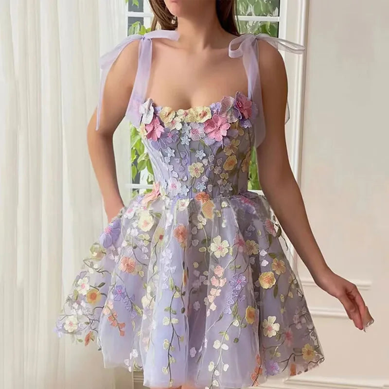 Three-dimensional Flower Embroidery Suspender Dress