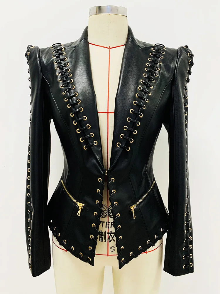 Designer Rope Lacing Up Slim Fitting Leather Blazer