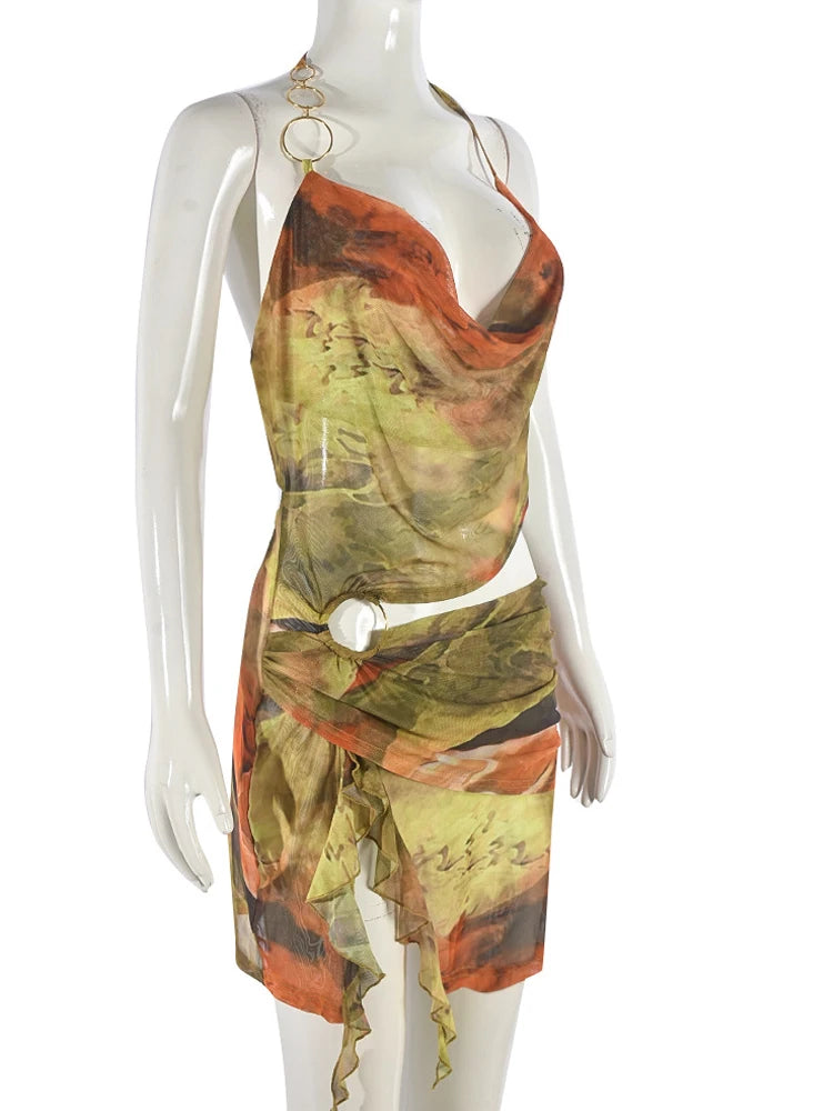Tropical Halter Neck Mesh Print Ruffles