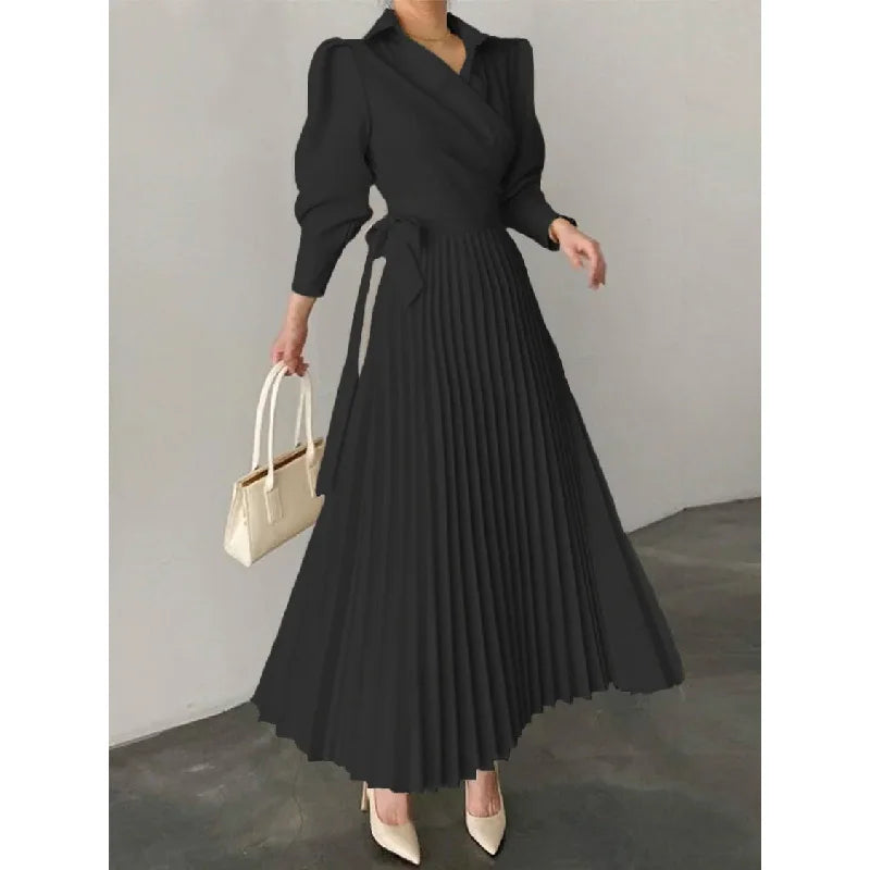 Asymmetric Pleated Solid Color Lapel Shirt Dress