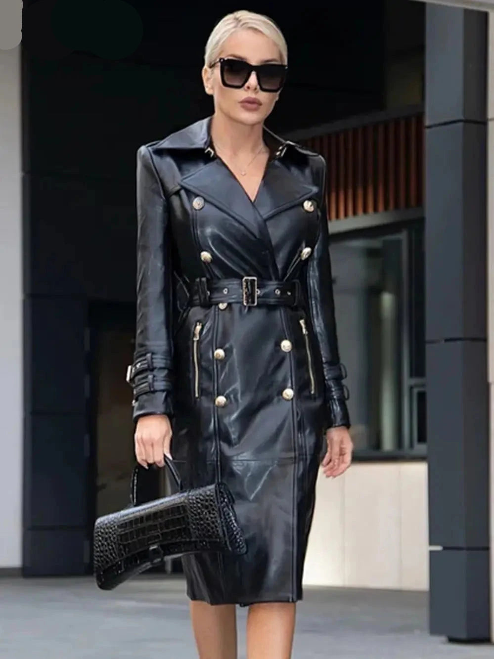 Luxury Design Double Breasted Black PU Leather