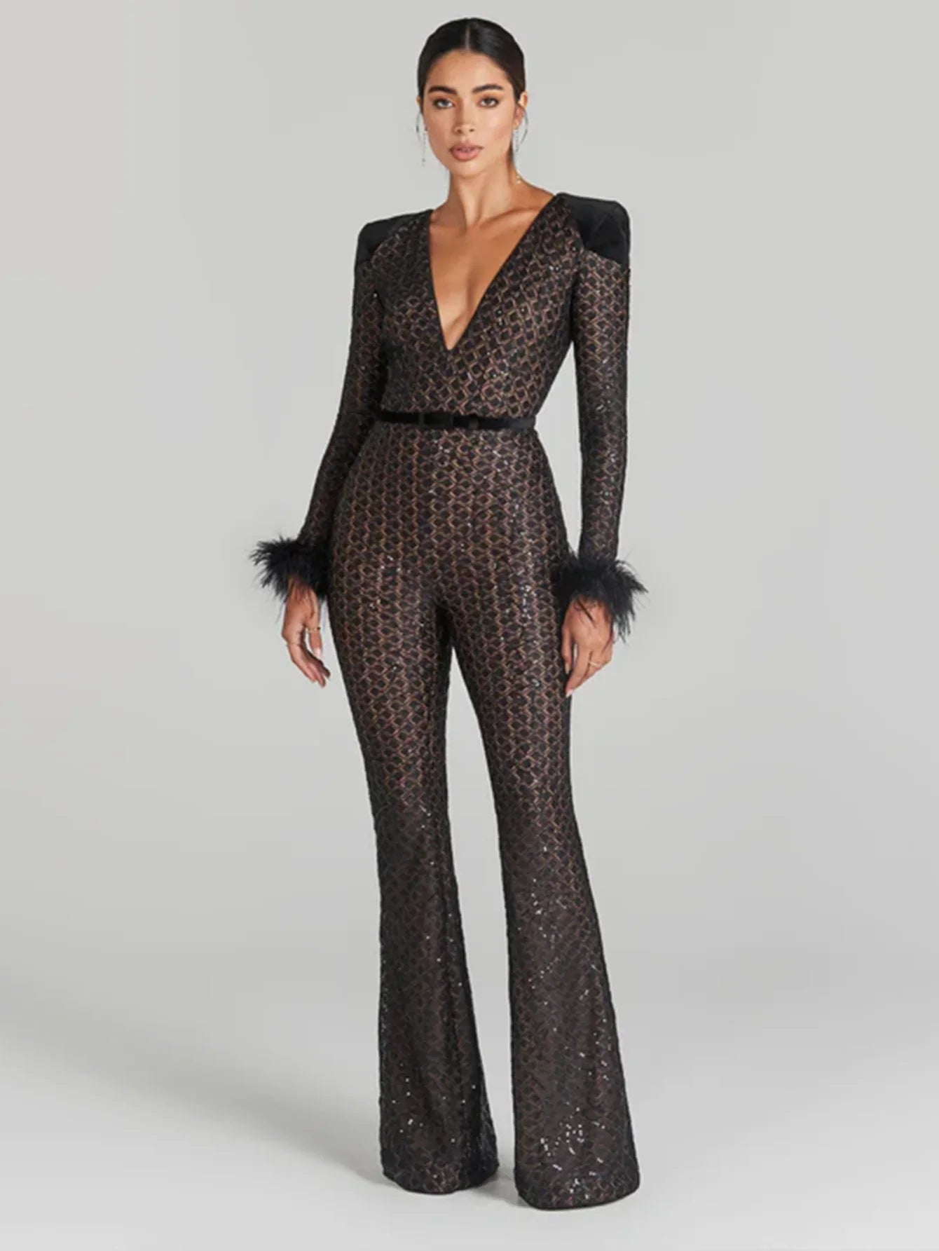 High Quality Black Sequin Sexy V-neck Feather Tight jumpsuit