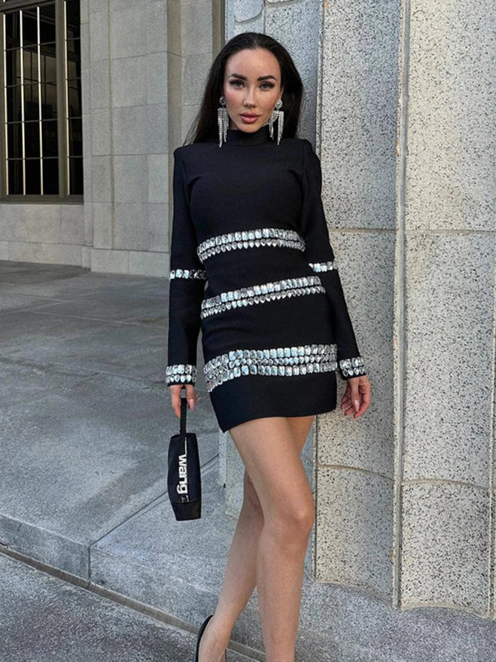 Autumn Black Long Sleeve Crystal Diamond