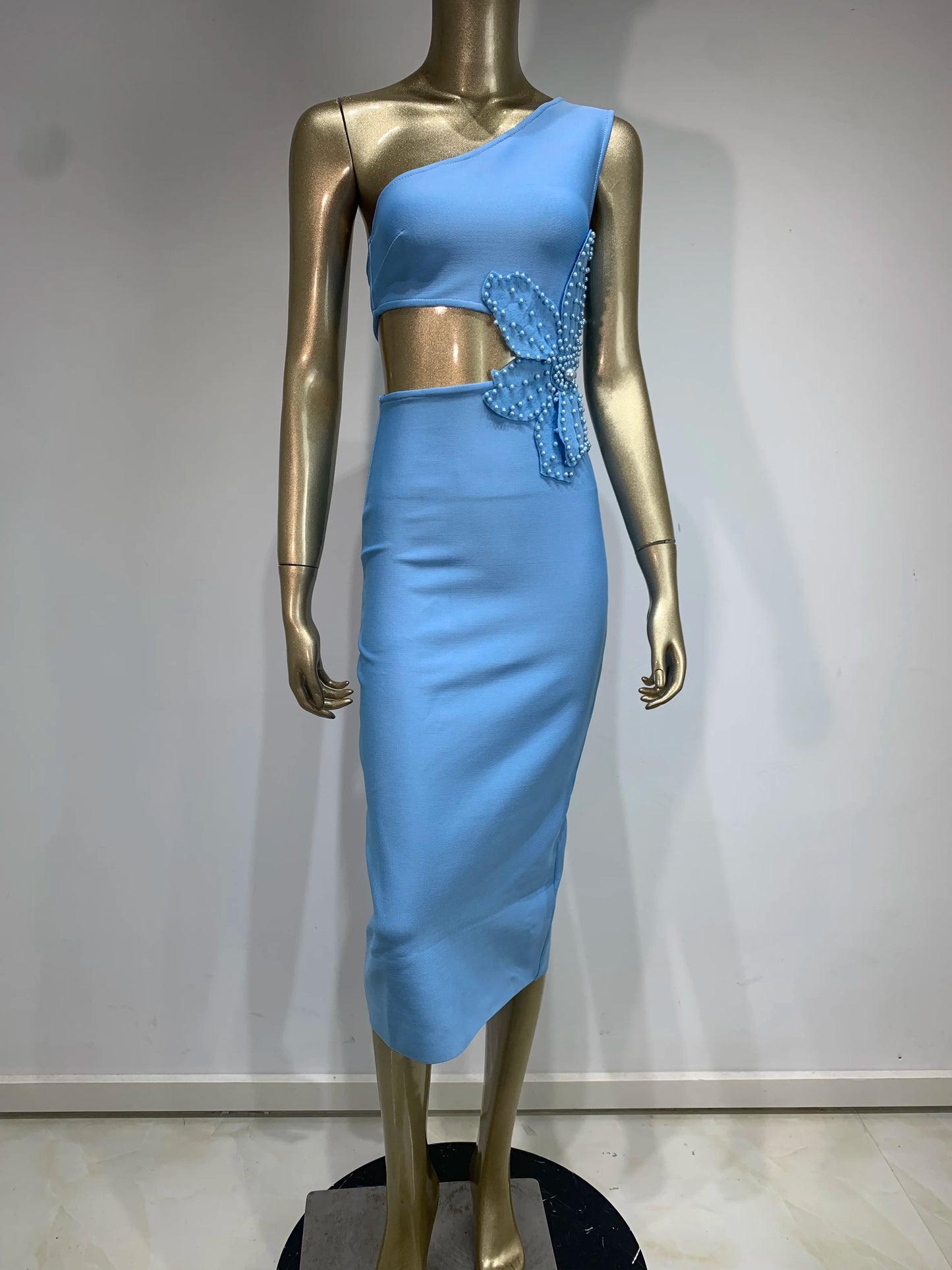 One Shoulder Cut Out Sky Blue Flower Midi Dress