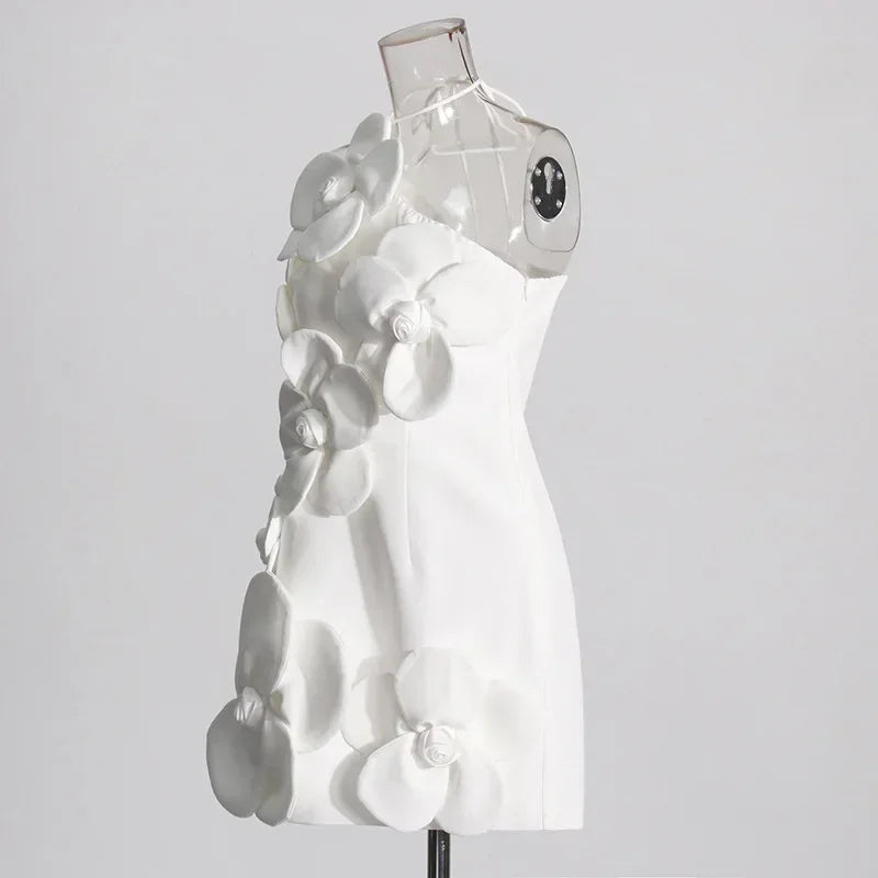 White Color Halter Off the Shoulder Florals Bodycon Mini Dress