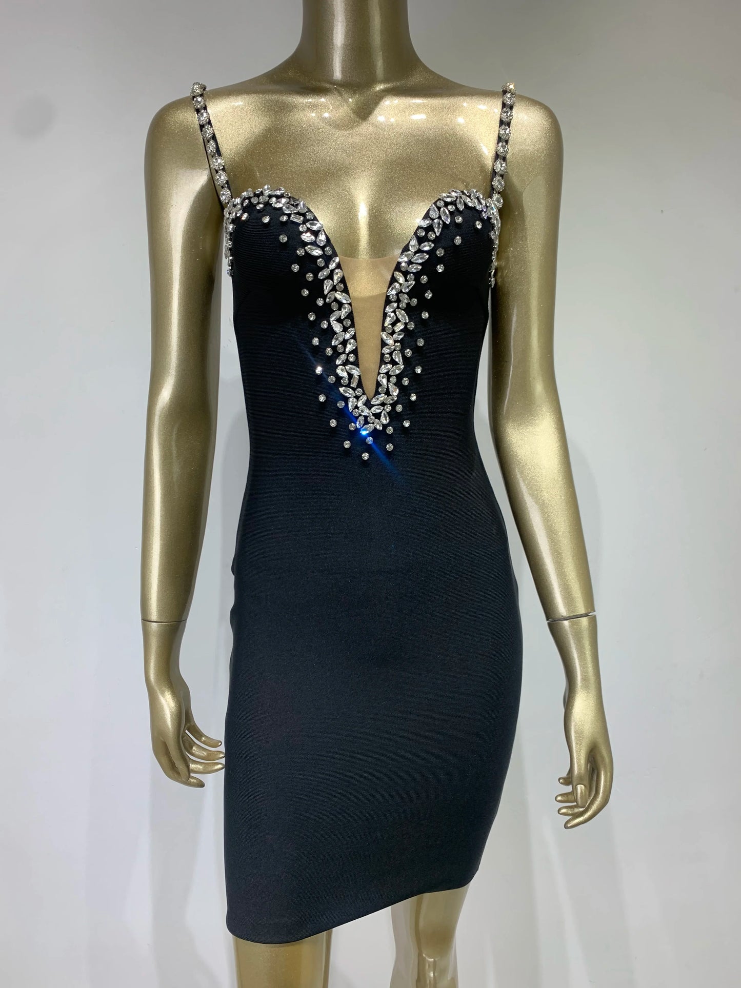 V Neck Beading Diamonds Black Mini Bodycon Dress