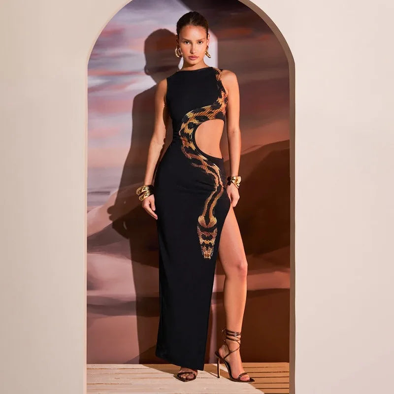 Snake Printed Hollow Out Dress