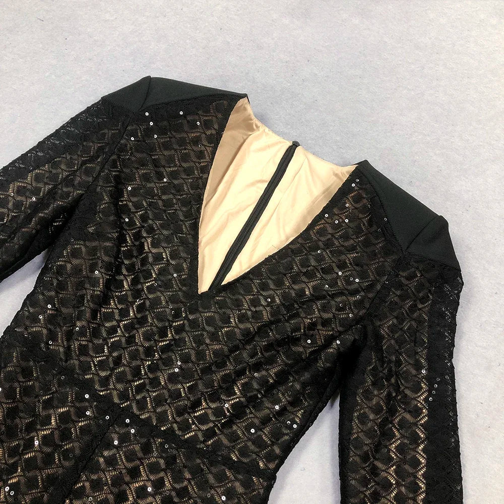High Quality Black Sequin Sexy V-neck Feather Tight jumpsuit