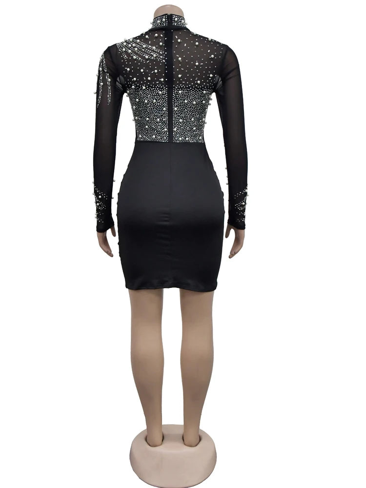 Black Mesh Bust Pearls & Rhinestone