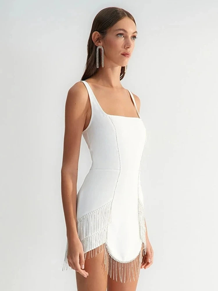 Diamonds Tassel White Bandage Dress