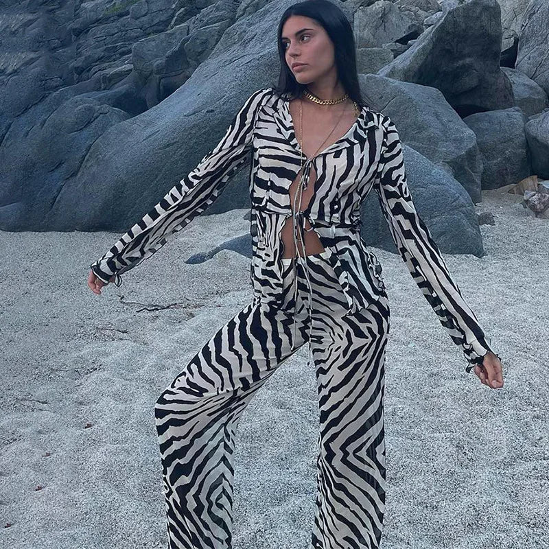 Animal Print Mesh Sheer Stripe Tie Front Detail Top Matching Sets