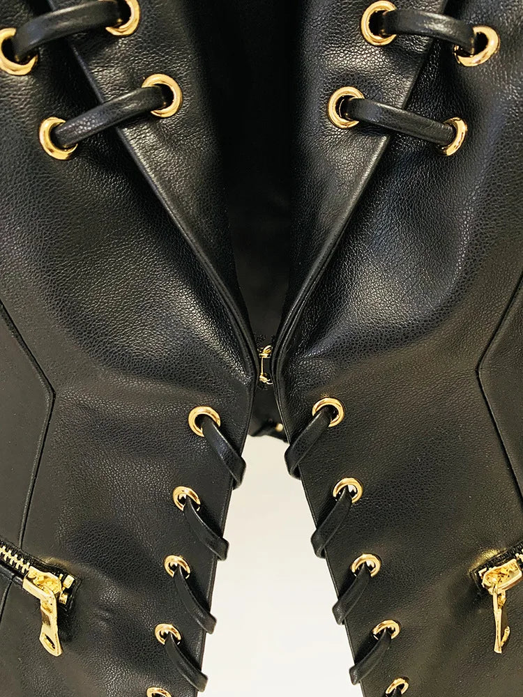 Designer Rope Lacing Up Slim Fitting Leather Blazer