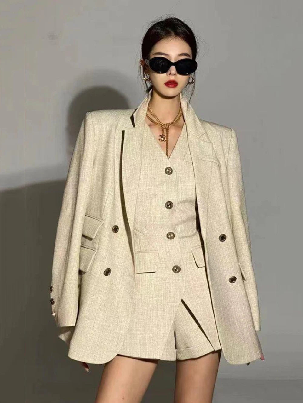 Three Piece Set Hollow Out Slim Vest+Single Breasted