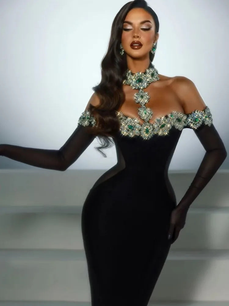 Sexy Diamonds Crystal Black Maxi Long Bodycon Elegant Dress