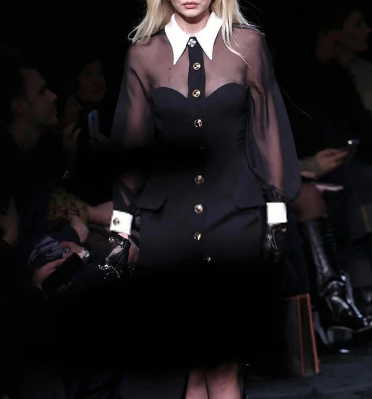 Sexy Lapel Mesh Patchwork Long Sleeve High Slit Slim