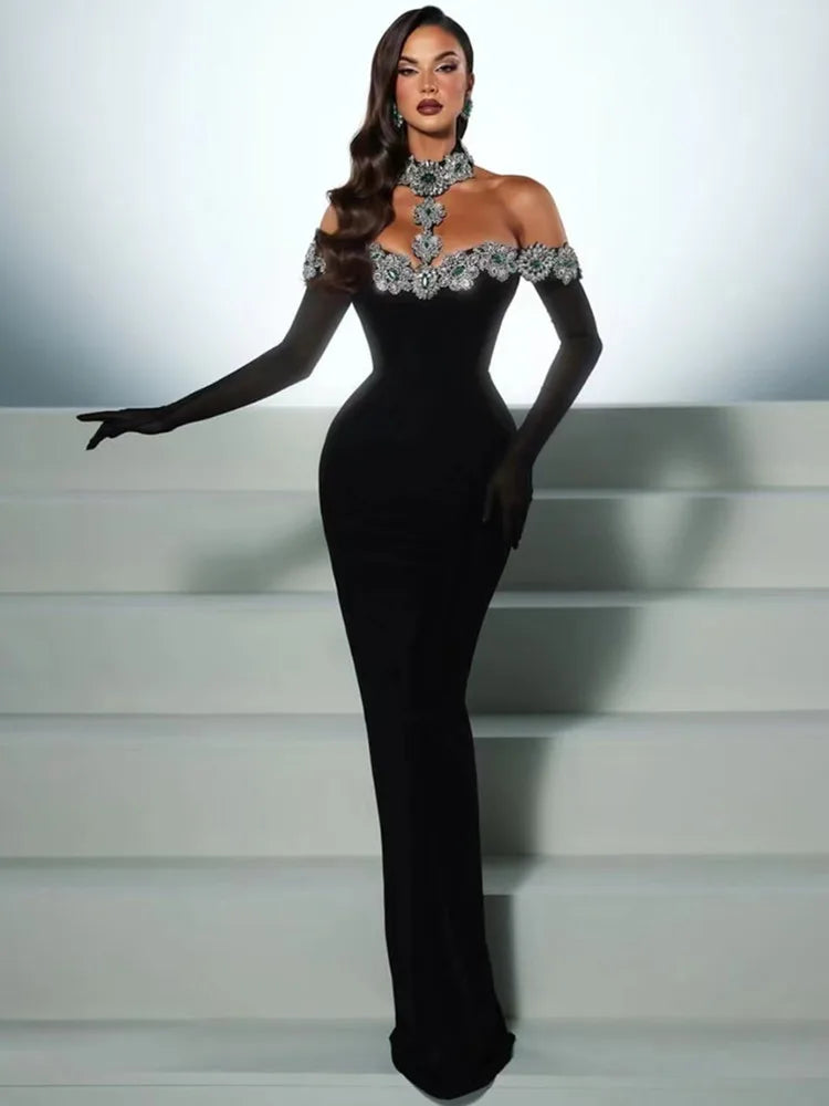 Sexy Diamonds Crystal Black Maxi Long Bodycon Elegant Dress