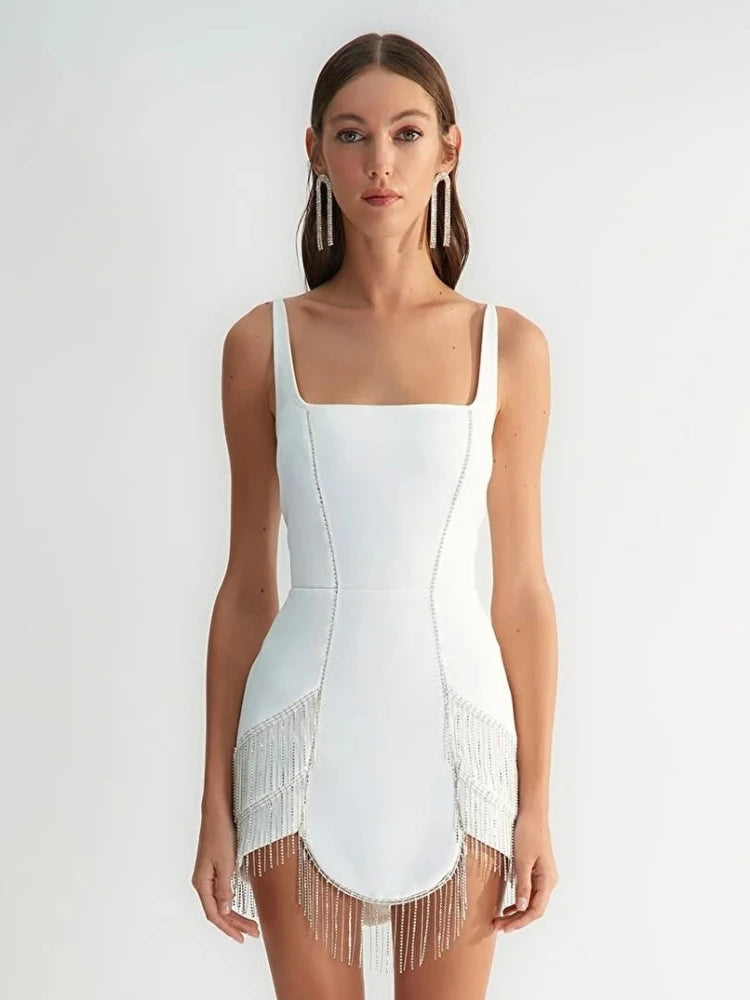 Diamonds Tassel White Bandage Dress