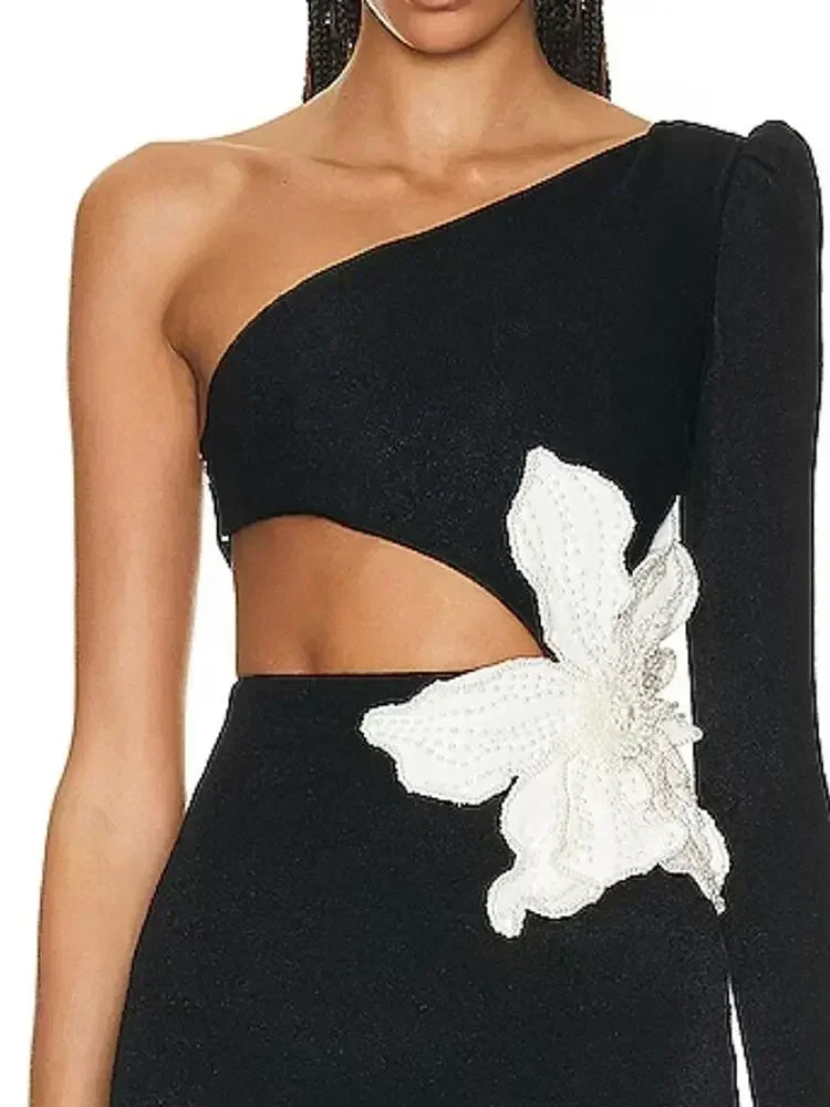 One Shoulder Hollow Out Flower Bandage Midi Dress
