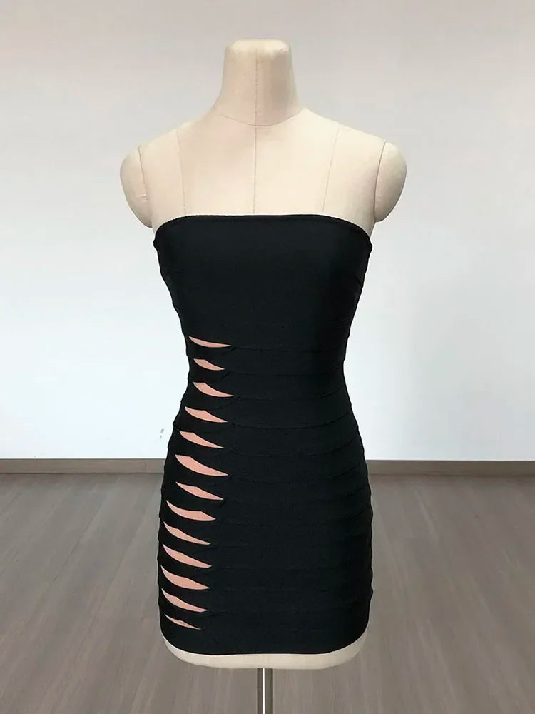Strapless Mesh Patchwork Hollow Out Mini Bandage Dresses