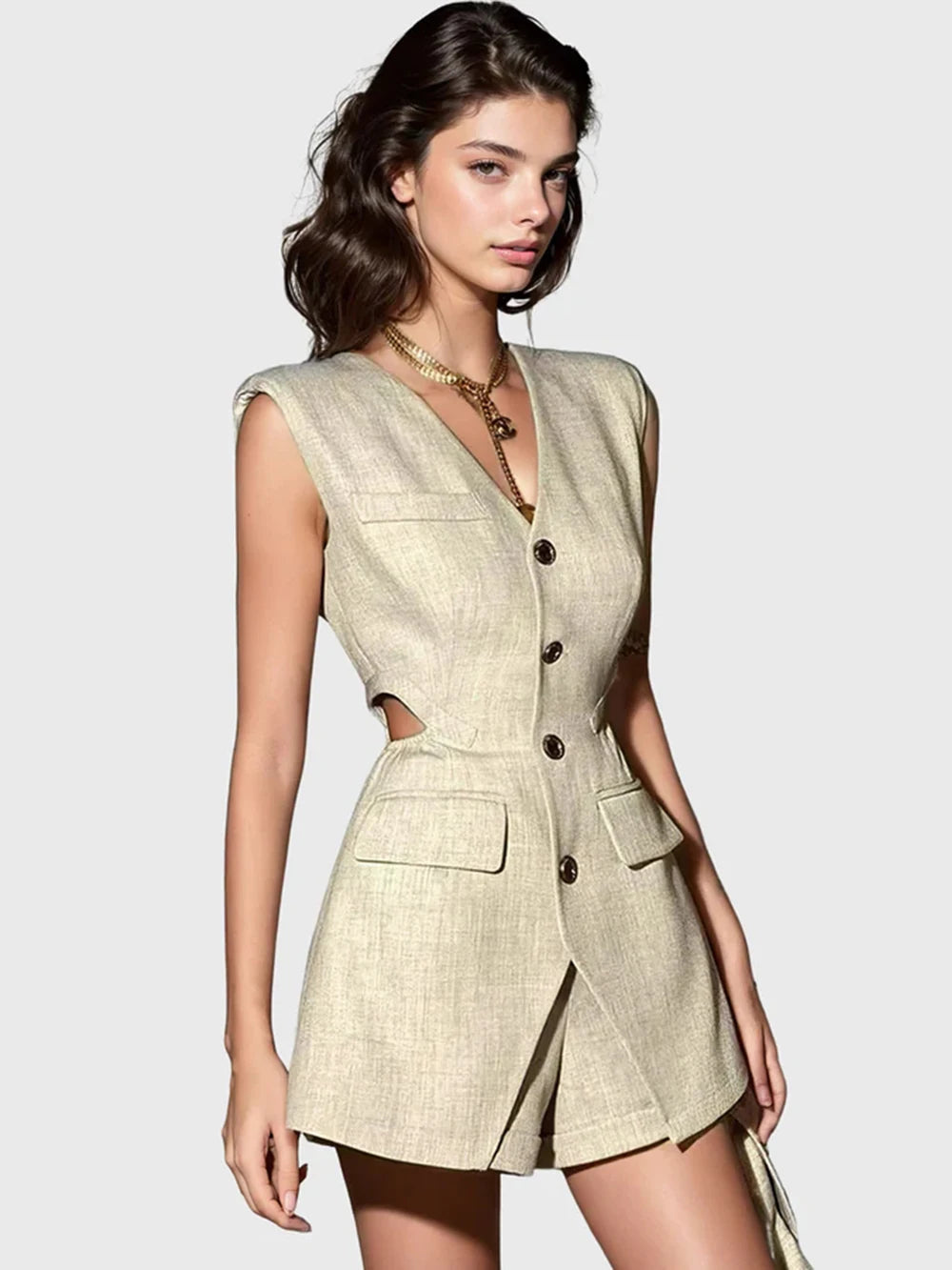 Three Piece Set Hollow Out Slim Vest+Single Breasted