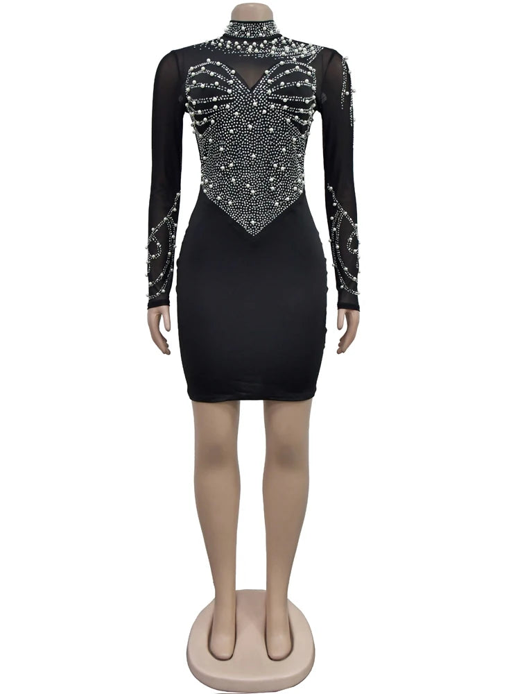 Black Mesh Bust Pearls & Rhinestone