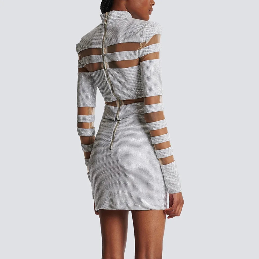 High Quality Striped Diamond Short Top+Short Skirt 2 Piece Set