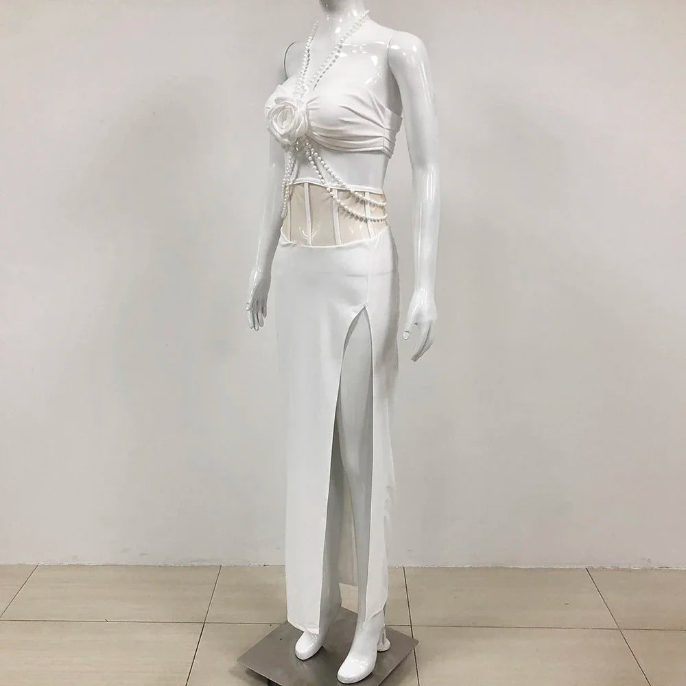 White Flower Sleeveless Off Shoulder Top And Skirt Sexy Two-piece
