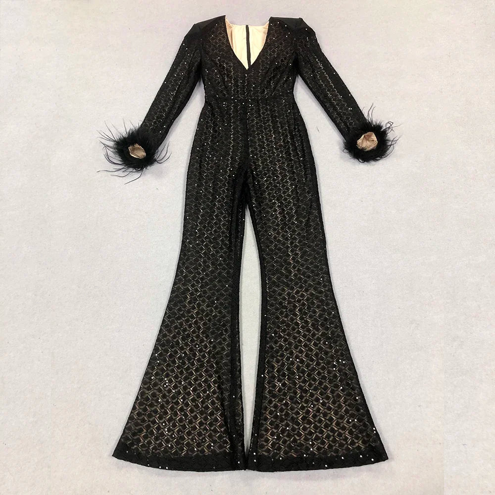 High Quality Black Sequin Sexy V-neck Feather Tight jumpsuit