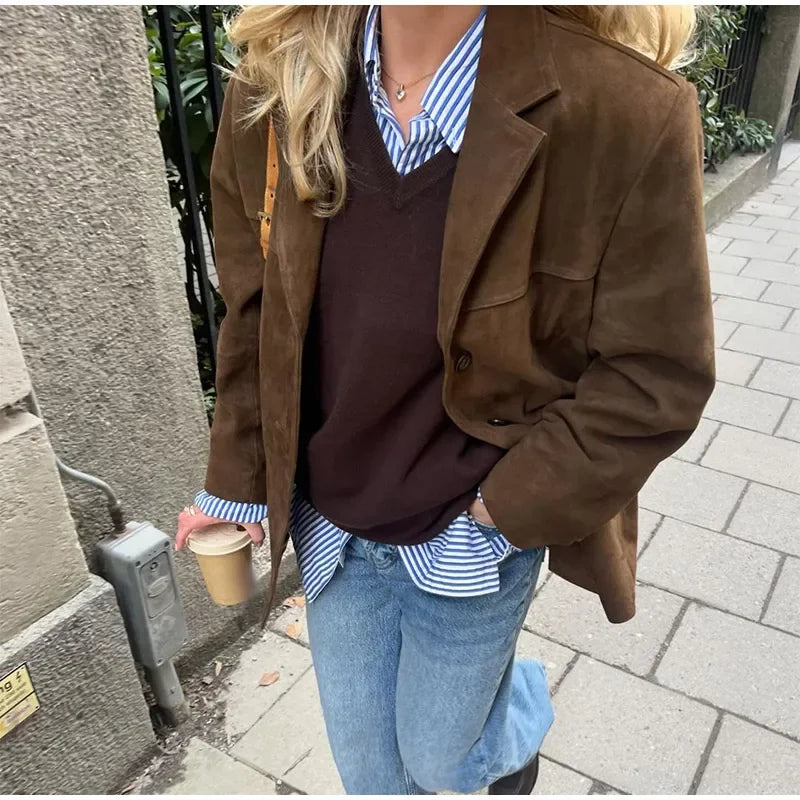 Brown Lapel Pocket Suede Leather