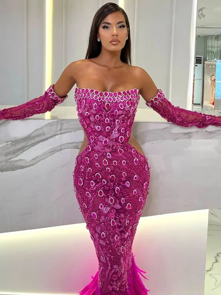New Hot Pink Feathers Evening Dresses