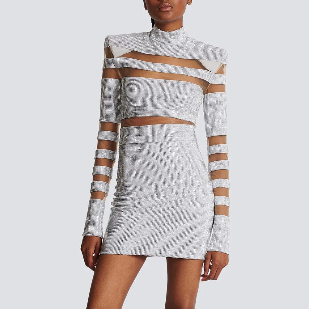 High Quality Striped Diamond Short Top+Short Skirt 2 Piece Set